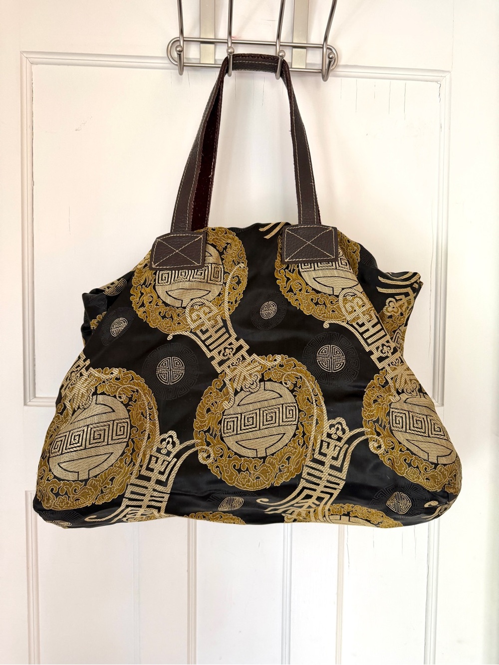 Reversible Black and Gold Patterned Women's Tote Bag / floral on other side